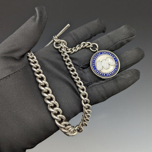 1920s British Antique Extra Thick Pure Silver (925 Silver) Albert Chain 75g Medal Fob
